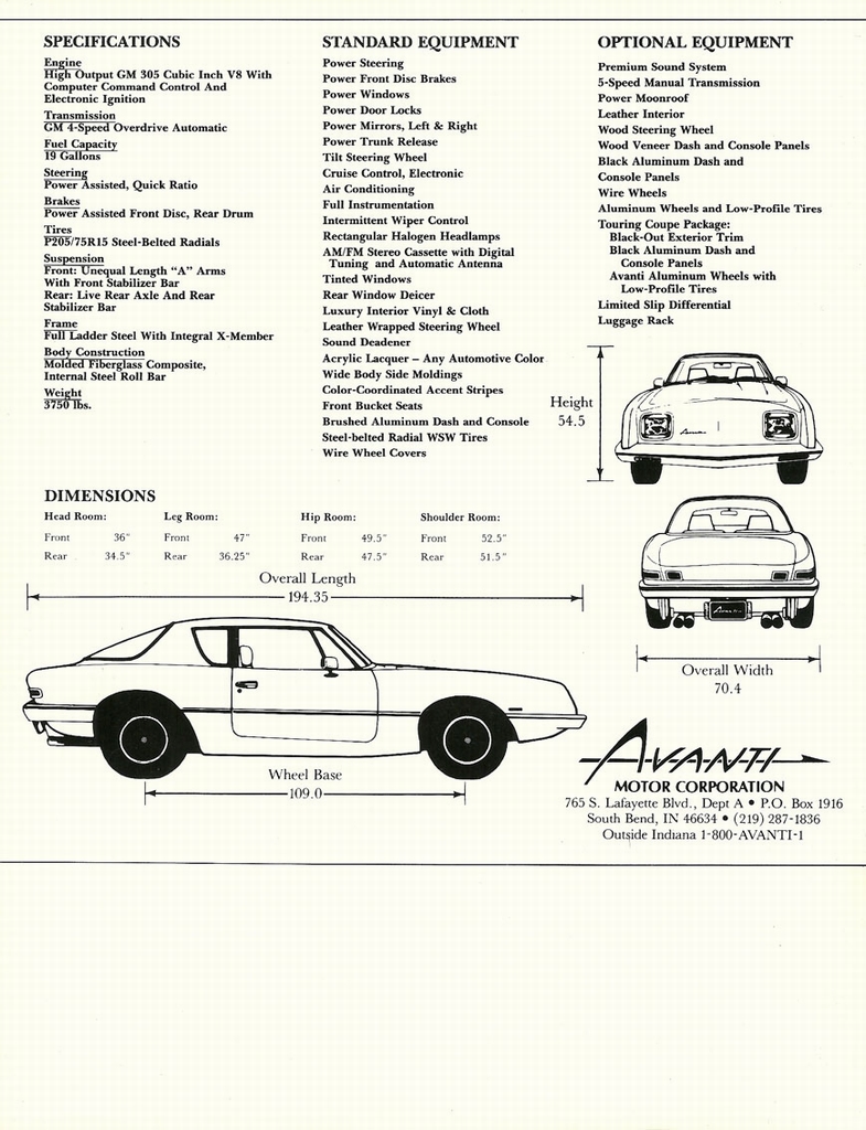 1986 Avanti Brochure page 3 of 3